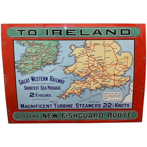 Edwardian Enamel Sign Great Western Railway To Ireland By New Fishguard Route