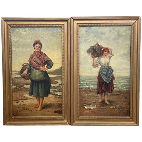 Pair 19Th Century Oil Paintings Cockle Pickers By The Sea