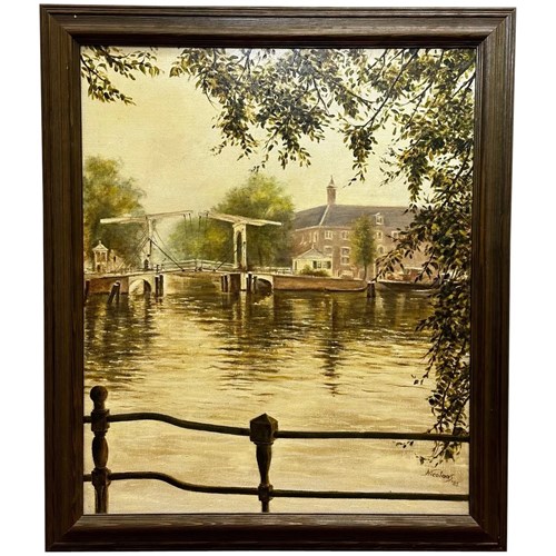 Dutch Oil Painting Walter Suskind Bridge Misty Summer Morning Amsterdam