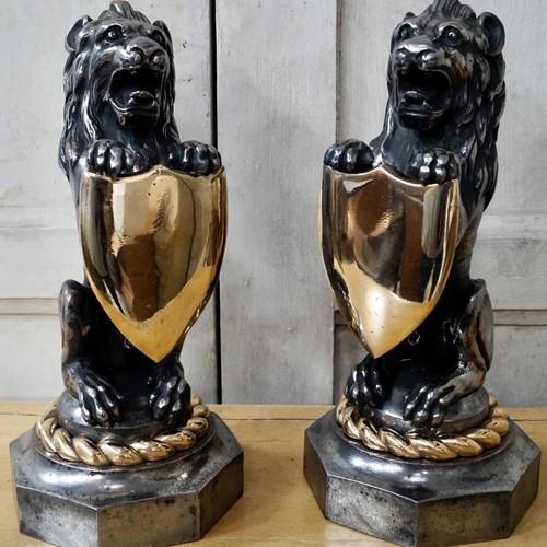 Victorian Cast Iron Lions With Bronze Shields