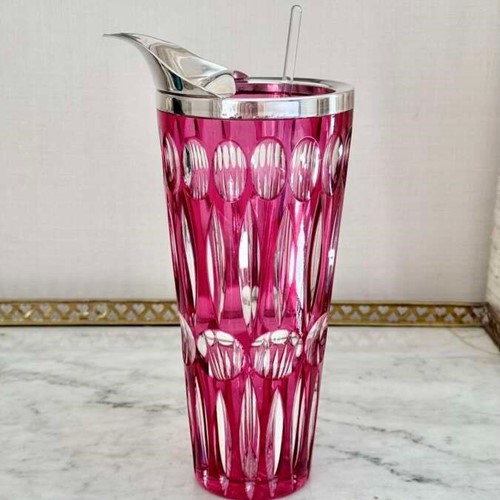 Pink Cut To Clear Crystal & Silver Plated Cocktail Mixing Jug C1950