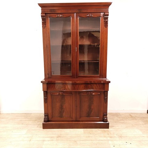 Antique Victorian Mahogany Glazed Bookcase On Cupboard