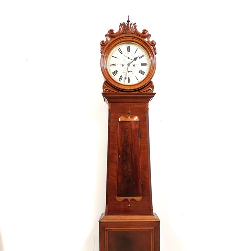 Antique William IV Satin Mahogany 8 Day Drum Head Longcase Grandfather Clock By 