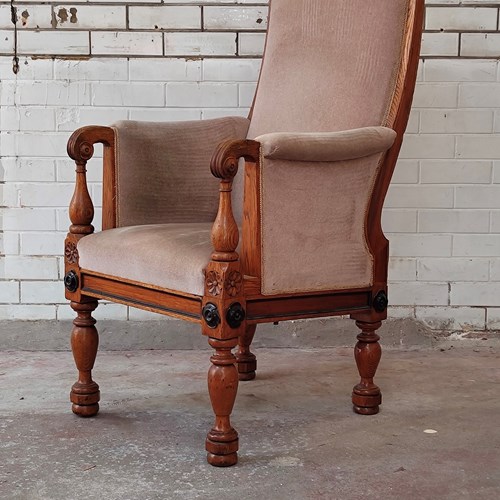 Antique Edwardian Solid Oak Throne High Back Armchair 