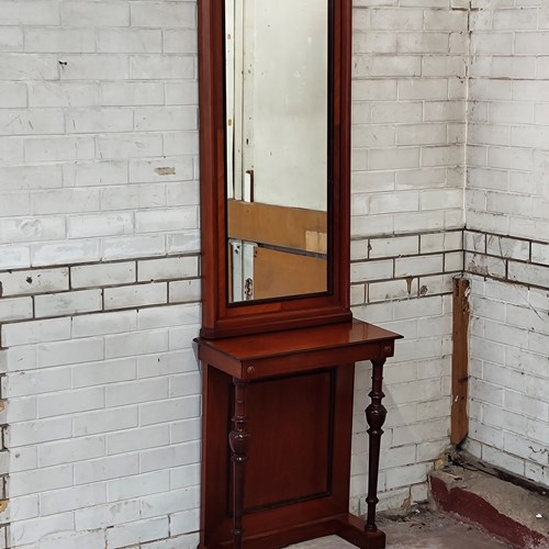 Antique Victorian Narrow Walnut Hallway Console Table With Pier Mirror