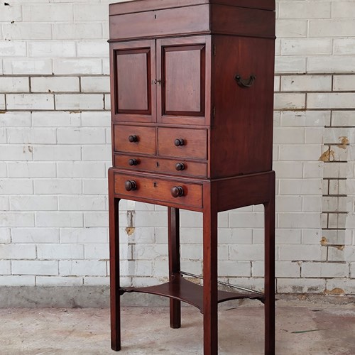 Antique 19Th Century Solid Mahogany Campaign Cabinet On Stand