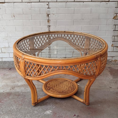 Large Vintage Boho Bamboo & Rattan Glass Coffee Table 