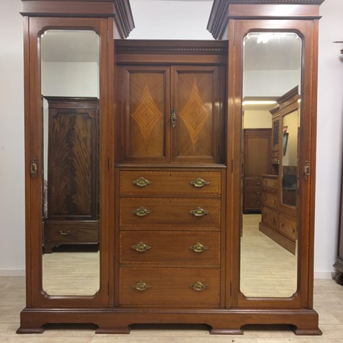 Antique Edwardian Inlaid Solid Mahogany Triple Wardrobe Compactum