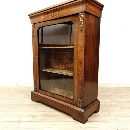 Antique Victorian Solid Walnut Inlaid Pier Cabinet Bookcase