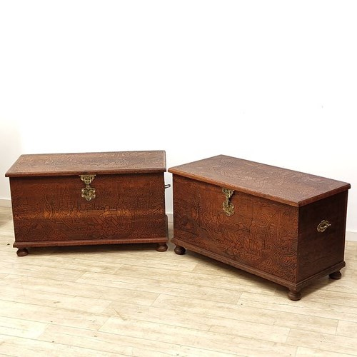 A Matching Pair Of Country House Hong Kong Carved Camphor Wood Chests  