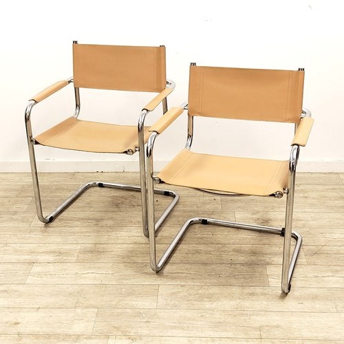 Matching Pair Of Mart Stam S34 Tan Leather & Chrome Armchairs