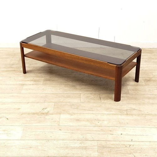 Vintage Mid Century Danish Teak & Smoked Glass Coffee Table By Myer