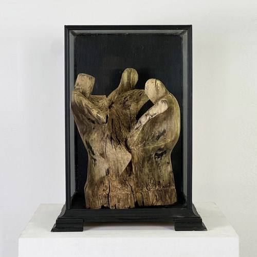 Vintage Wooden Sculpture In Display Case