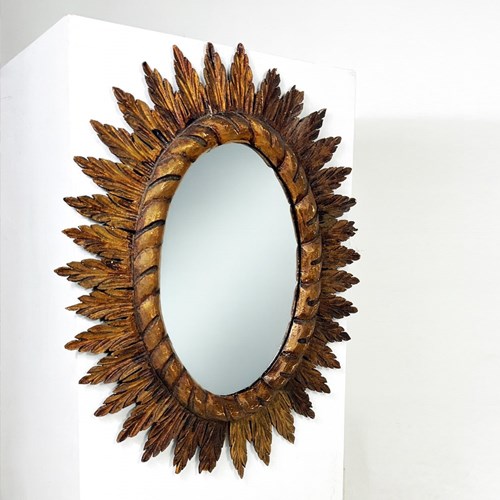 Large Mid Century Vintage Spanish Wooden Sunburst Mirror
