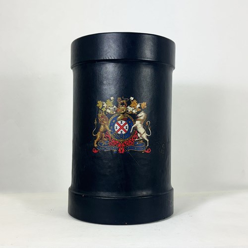 Antique Black Leather Fire Bucket With Coat Of Arms