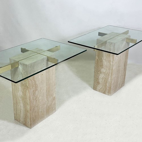 Pair Of Vintage Artedi Italian Travertine & Glass Side Tables