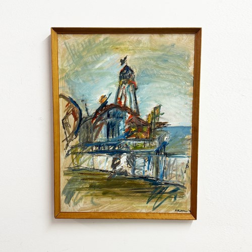 Mid-Century Fairground Tower Oil Painting By F. Robbins