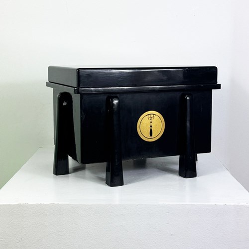 Vintage Japanese Black Lacquered Storage Chest On Legs And With Gold Crest