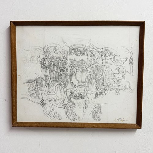 Keith Banks Original Vintage Fairground Carousel Pencil Drawing Study