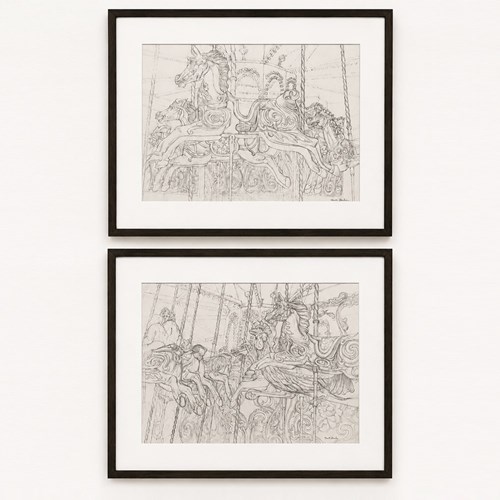 Mid-Century Pair Of Signed Keith Banks Fairground Carousel Pencil Drawings
