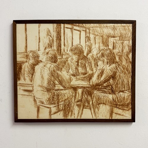Mid-Century Vintage Figurative Sepia Drawing
