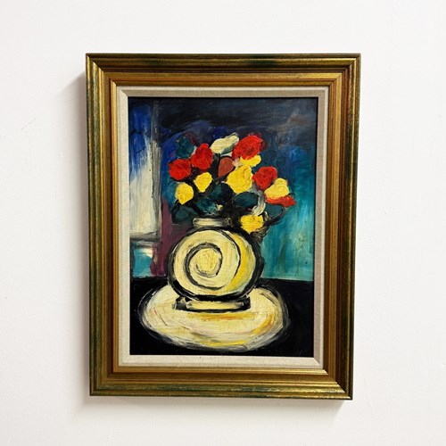 Mid Century Abstract Still Life Oil Painting, Vase Of Flowers