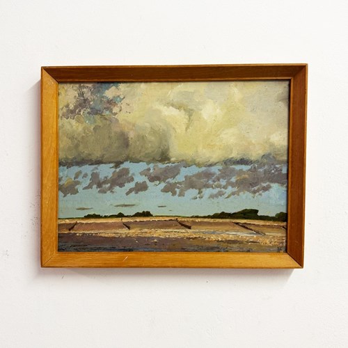 Mid-Century Vintage Coastal Landscape Oil Painting