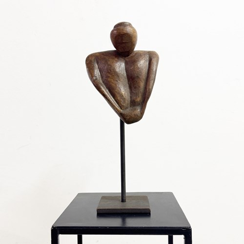 Mid-Century Abstract Carved Wooden Figure Sculpture On Stand