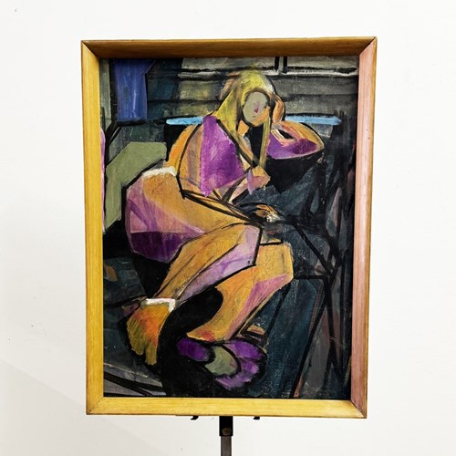 Mid-Century Vintage Cubist Female Figure Oil Painting