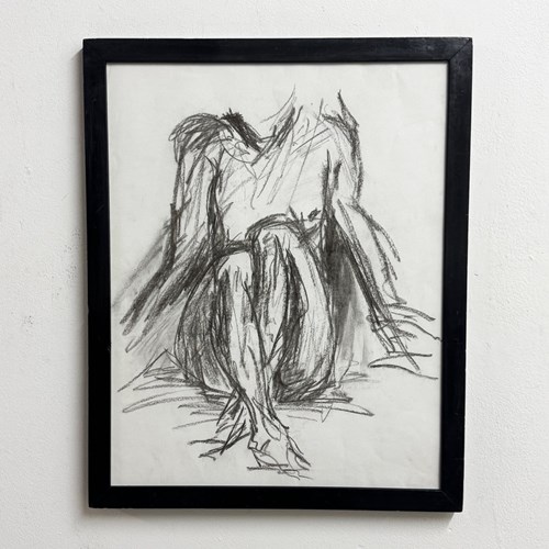 Mid-Century Expressionist Nude Figure Charcoal Study Drawing