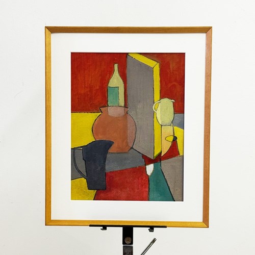 Mid-Century Modern Geometric Abstract Still Life  Cubist Painting