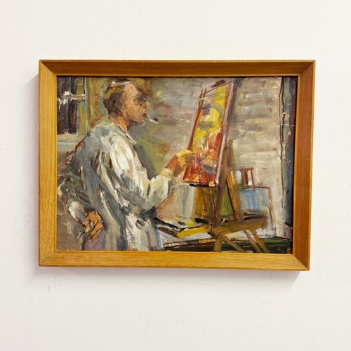 Mid-Century Oil Painting, Artist In Studio, Owen Rowley