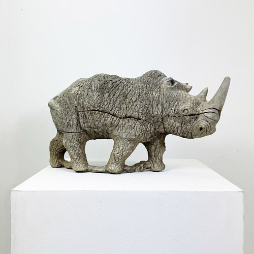 Large Vintage Weathered Hand Carved Wooden Rhino