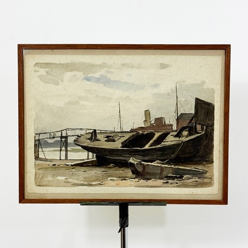 Early 20Th Century Watercolour Of A Boat At High Tide