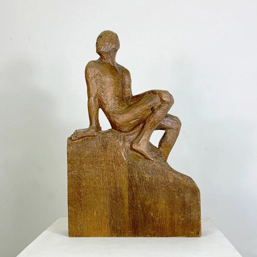 Mid Century Dutch Wooden Sculpture Seated Male