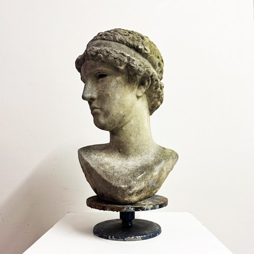 Vintage Classical Garden Weathered Stone Bust Statue