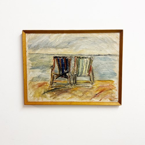 Mid-Century Style Beach Deck Chairs Oil Painting By F Robbins 