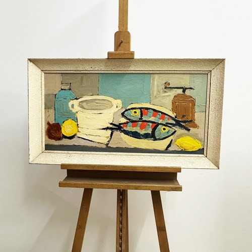 Large Mid Century Modern Fish Kitchen Scene Still Life Oil Painting