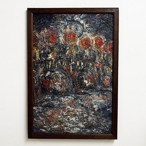 Large Vintage Abstract Impasto Canvas Oil Painting Of A Bridge
