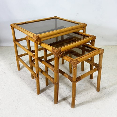 Vintage Bamboo Nest Of Tables With Glass Tops