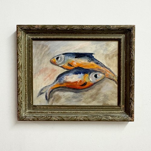 Vintage Swedish Still Life Oil Painting Of Two Fish