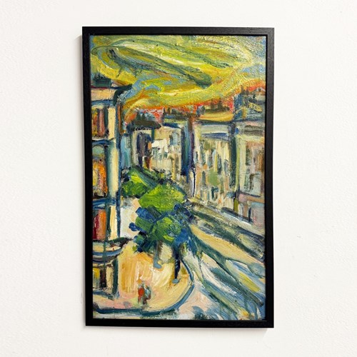 Mid Century Abstract Cityscape,  Signed Oil Painting