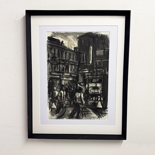 Barry De More, Large Vintage Original Charcoal City Street Scene