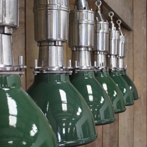Set Of Large Industrial Lights In Green Enamel 