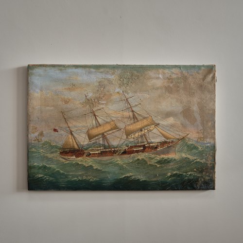 Oil On Canvas Ship Painting