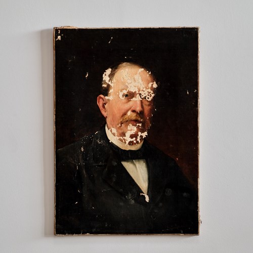 19Th Century Distressed Portrait Oil On Canvas