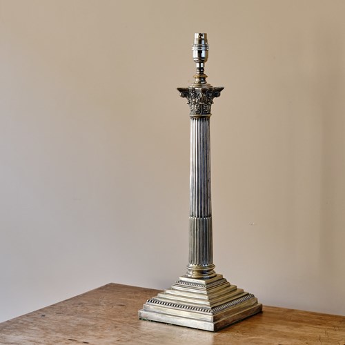 Antique Early 20Th Century Silver Plate Corinthian Table Lamp