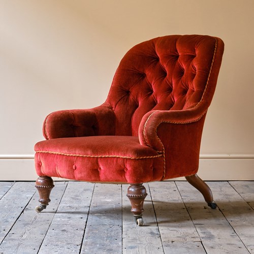 19Th Century Red Velvet Iron Back Armchair