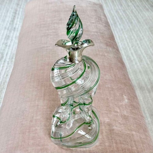 Victorian green spiral Glug decanter with silver collar Hallmark 1900