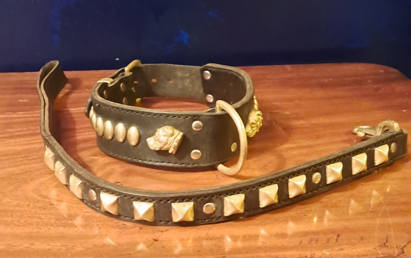 Embellished brass and leather dog collar and lead-dick-liddy-antiques-20221028-225202-main-638025946316353203.jpg